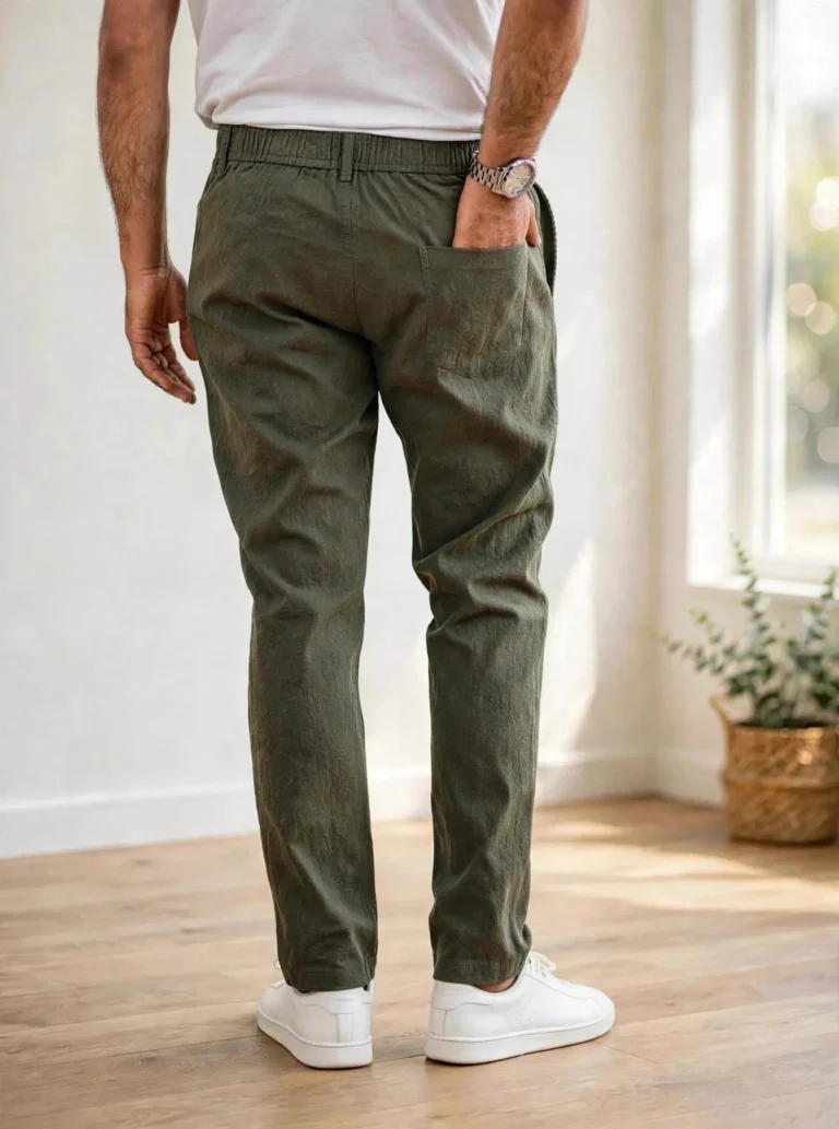Linen Trousers for Men | 5 Colours at ₹699 Rovyx Forest Olive - back pocket